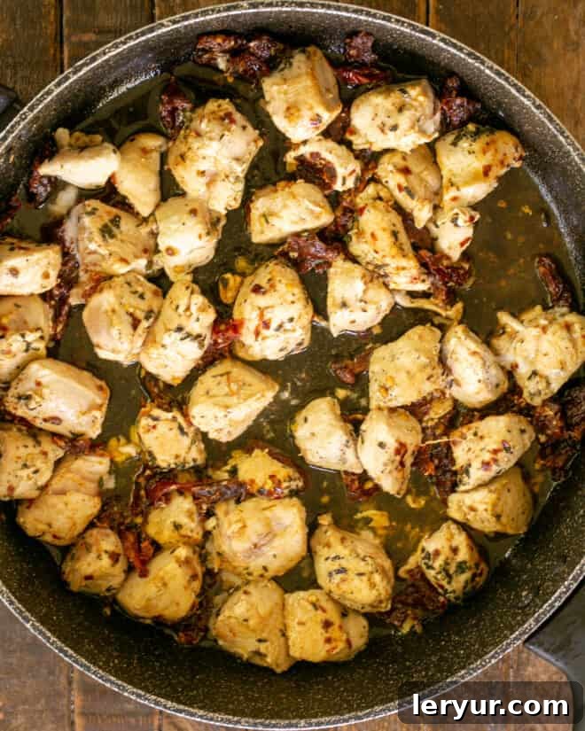 Vibrant Sun-Dried Tomato Chicken Broccoli Pasta 3 Overhead view Chicken in a skillet with garlic, seasonings and sundried tomatoes.