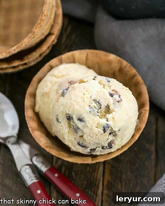 Cookie Dough Ice Cream in a sugar cone cup