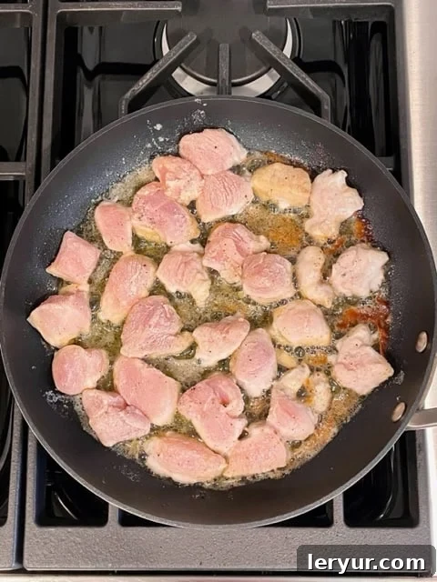 Zesty Garlic Parsley Chicken 3 Tossing chicken cubes in flour mixture in a bowl.