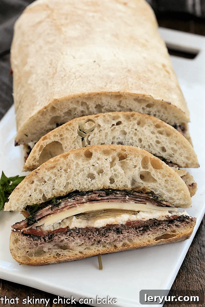 Pressed Brick Sandwich - Perfect picnic, tailgate or lunch fare! A freshly made Pressed Brick Sandwich ready to be sliced, sitting on a white cutting board, showcasing its enticing layers and golden ciabatta crust.