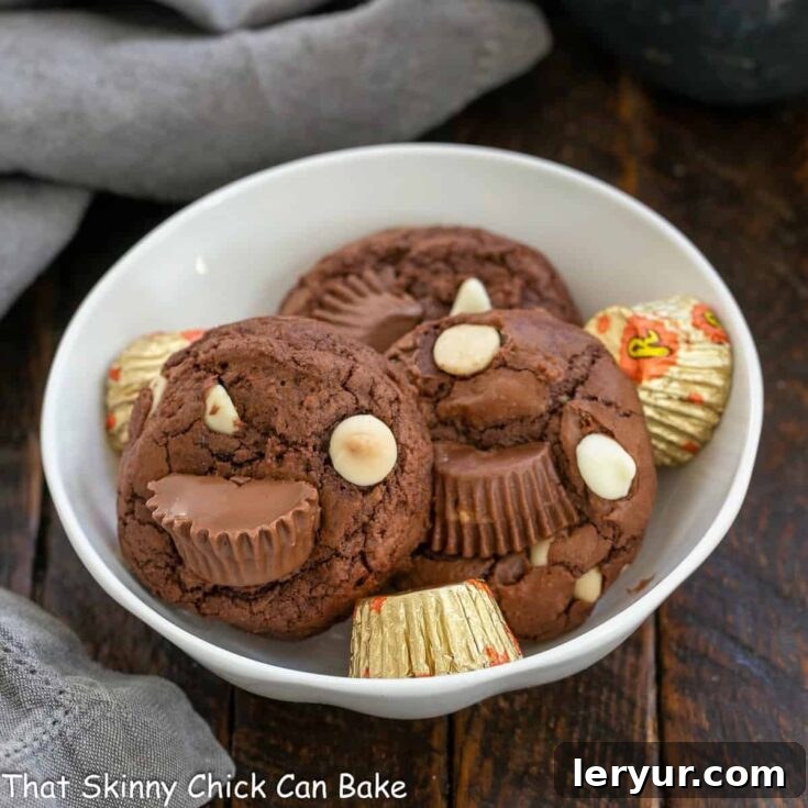 Ultimate Peanut Butter Fudge Swirl Cookies 9 A beautiful stack of Moose Tracks Cookies in a white ceramic bowl, showcasing their delicious texture and ingredients.
