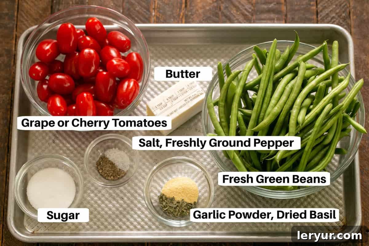 Tuscan Garlic Green Beans 2 Green Beans with Tomatoes ingredients on a sheetpan with labels.