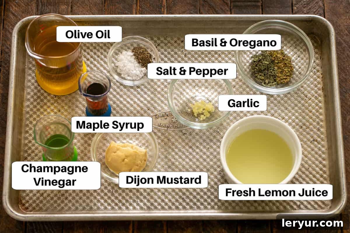 Macho Salad Dressing ingredients with labels on a sheet pan.