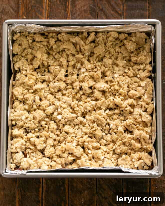 The date bars in a pan, fully assembled with the crumb topping, baked to a golden brown perfection.