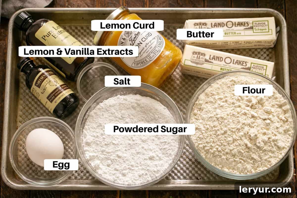Sunny Lemon Impressions 3 Lemon Thumbprints Ingredients with labels on a metal sheetpan.