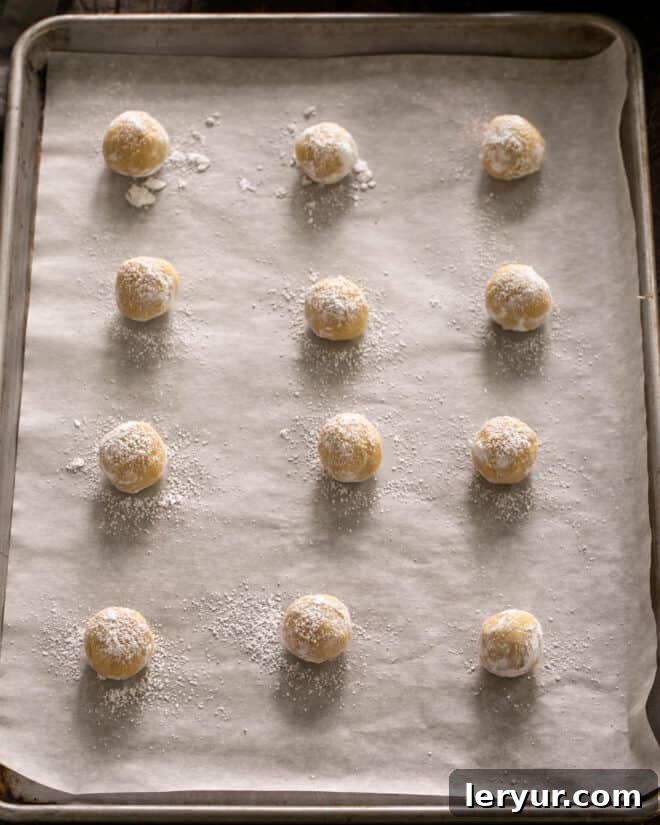 Sunny Lemon Impressions 7 Doughballs rolled in powdered sugar and placed on a prepared baking sheet