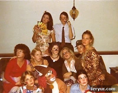High school girlfriends on Halloween Vintage photo of high school friends dressed in Halloween costumes from 1978. One is a clown, the other Raggedy Andy.