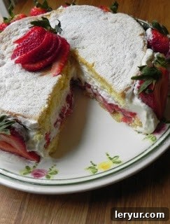 A beautiful slice of summer strawberry cake, showing layers of sponge, cream, and fresh strawberries.