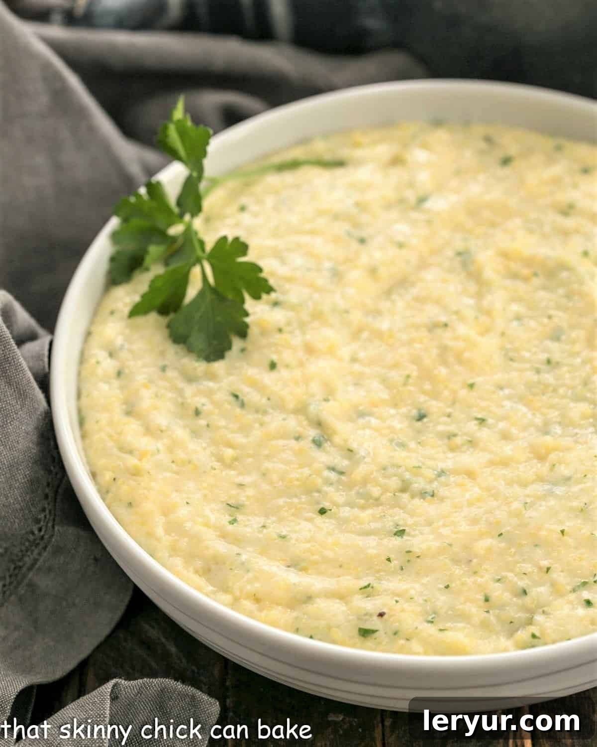 Overhead view of Parmesan Polenta garnished with fresh parsley.