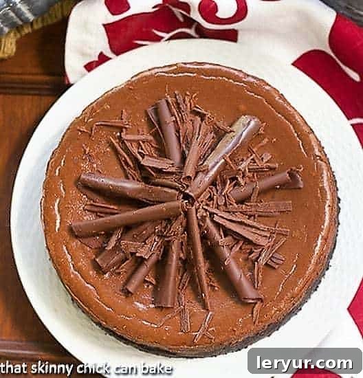 Decadent Double Chocolate Cheesecake, perfectly sliced and served on a pristine white plate, adorned with intricate chocolate curls, ready to be enjoyed.