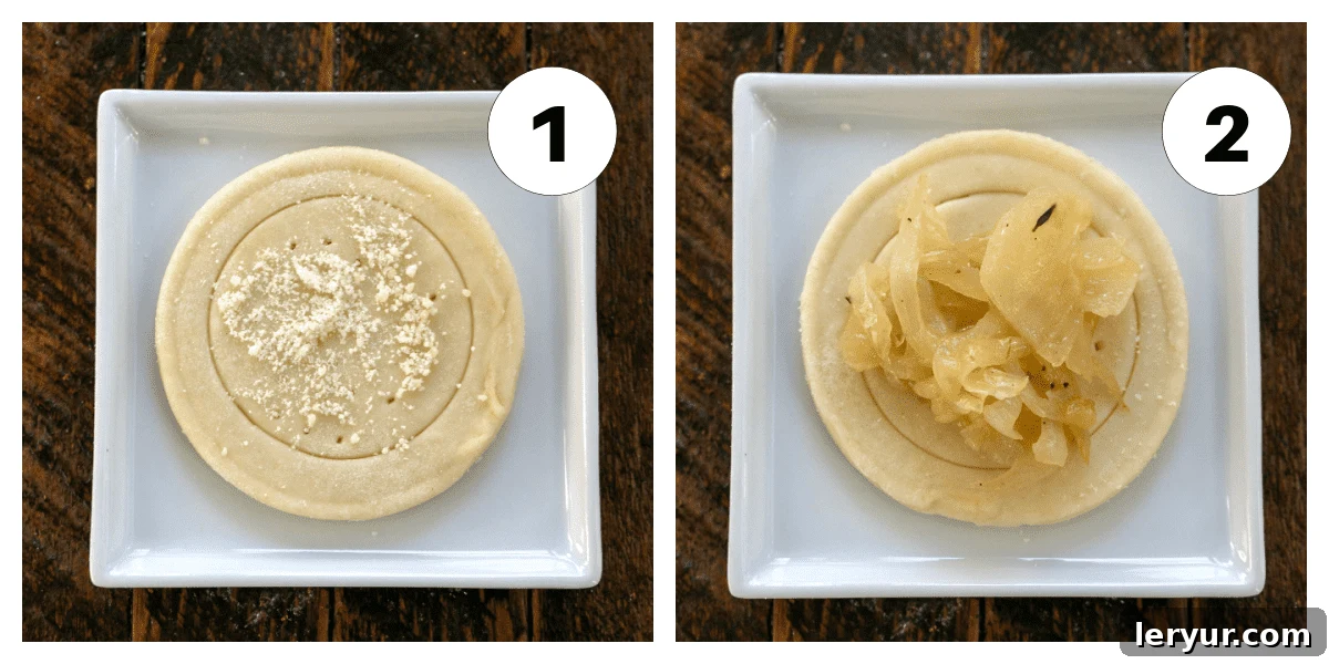 How to make tomato boursin tarts step 1 and 2 image collage, showing puff pastry being cut and topped.