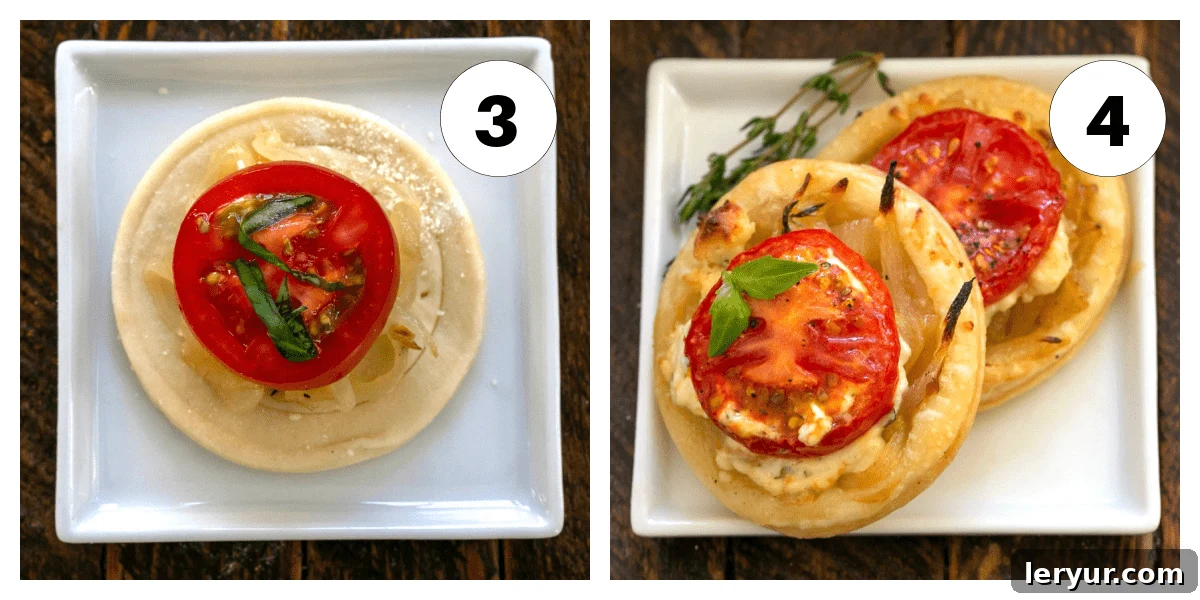 Tomato Boursin Tarts Step 3 and 4 images, showing final toppings and baking.