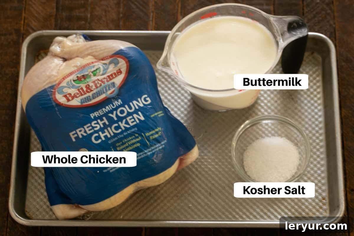 The Ultimate Buttermilk Chicken 3 Buttermilk Chicken Ingredients with labels on a metal sheetpan.