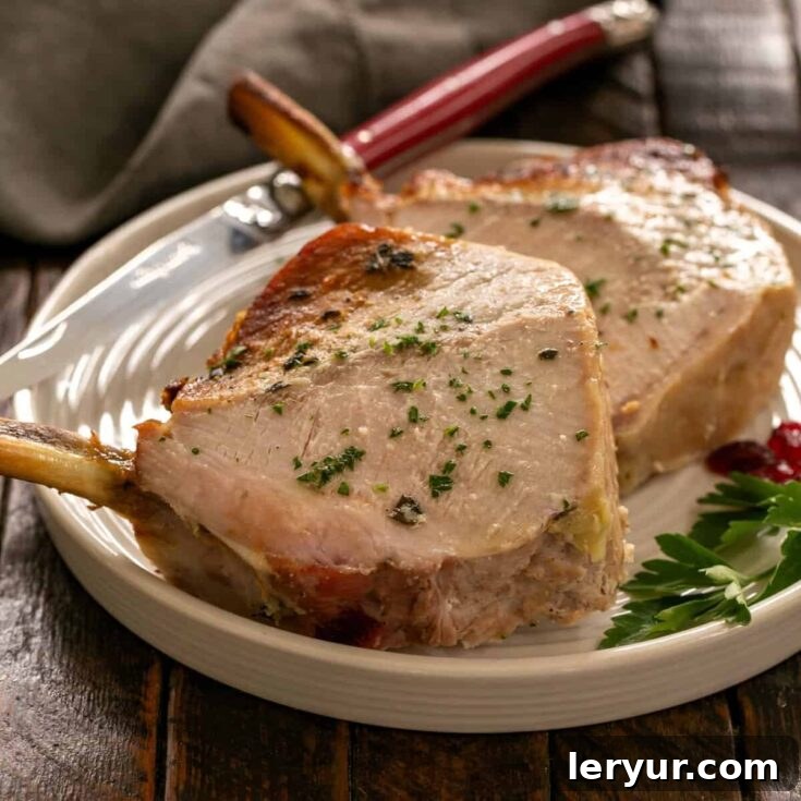 Two exquisite slices of a perfectly cooked Crown Roast of Pork, elegantly presented on a pristine round white plate, ready to be served as a sophisticated entree.