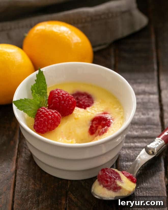A delicate Meyer Lemon Raspberry Mousse in a white ramekin, with a spoonful removed to reveal its creamy texture and fresh raspberry swirls. Garnished with fresh mint leaves.
