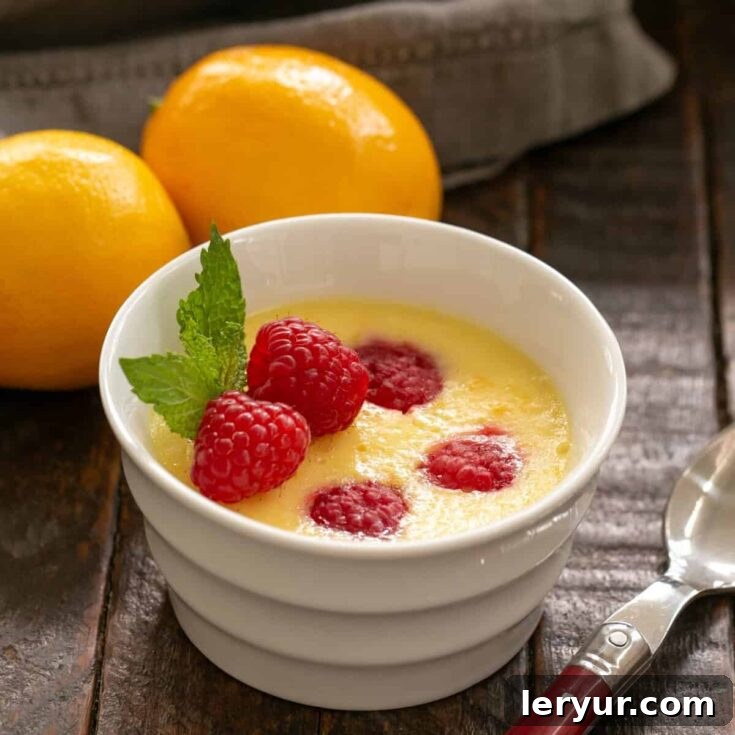 A perfectly set Meyer Lemon Mousse in a white ramekin, elegantly garnished with fresh raspberries and a sprig of vibrant mint, ready to be served.