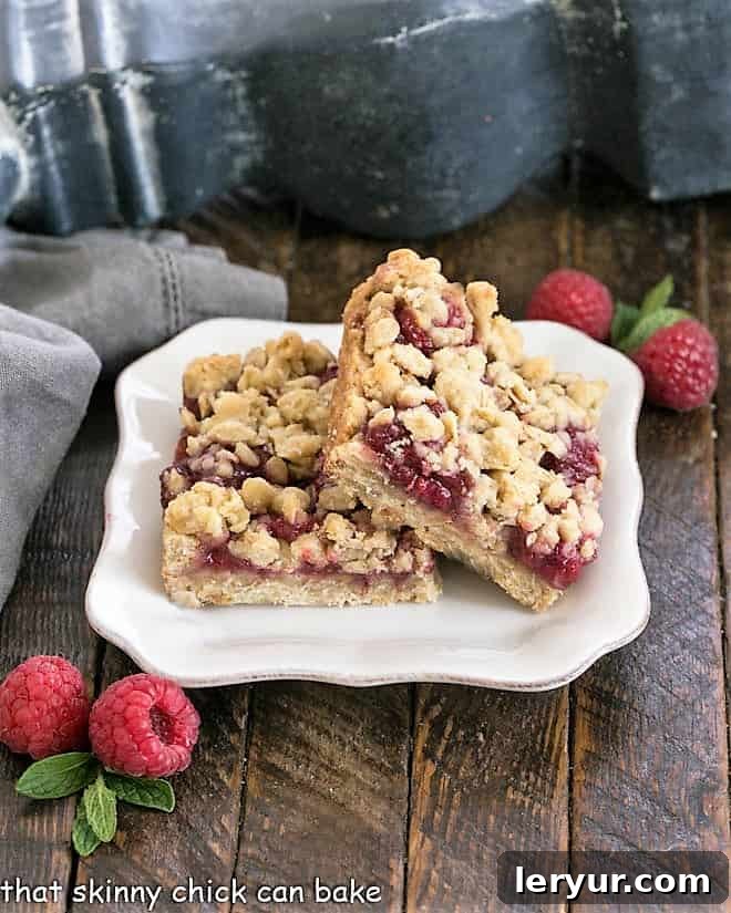 2 raspberry Oatmeal Bars on a white dessert plate.
