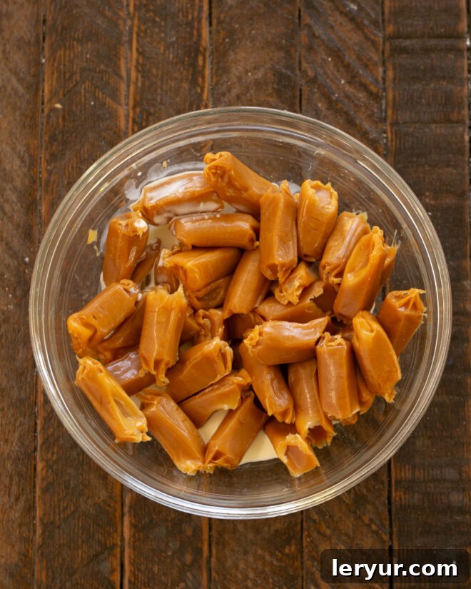 Decadent Caramel Chocolate Chip Bars 9 Caramels and cream ready to melt in the microwave.