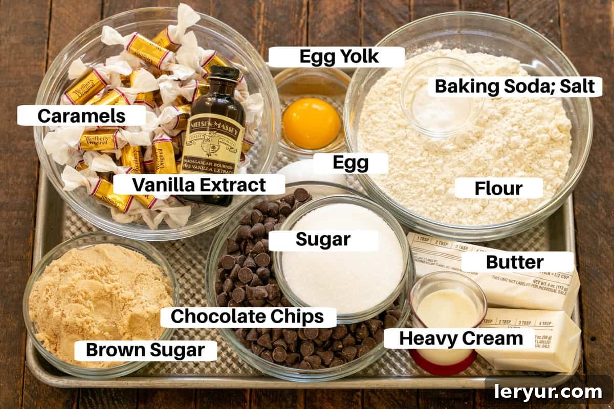 Decadent Caramel Chocolate Chip Bars 2 Chocolate Caramel Bars Ingredients with labels on a sheetpan.