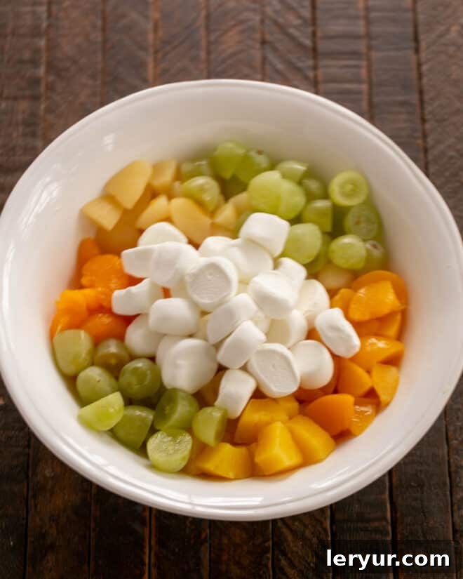 Holiday Ambrosia Salad 6 A medley of colorful fruits and marshmallows gathered in a large serving bowl, ready for the dressing.
