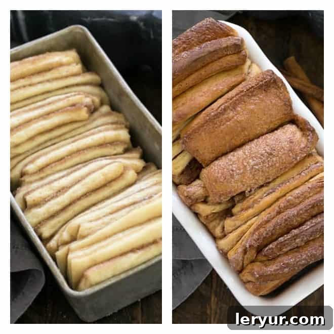 Cinnamon Pull Apart Coffee Cake - a fun yeast bread filled with cinnamon sugar Collage of cinnamon pull apart bread before baking and after baking