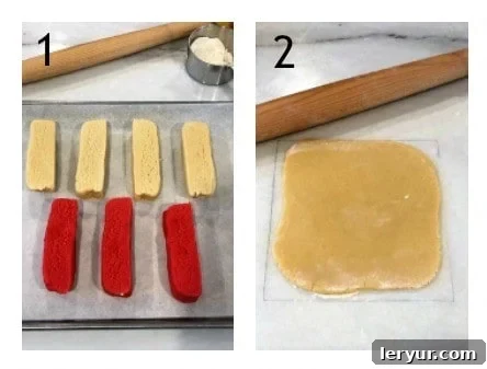Merry Pinwheel Treats 3 Process shots showing how to prepare pinwheel cookie dough, numbered 1 and 2.