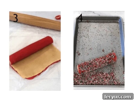 Merry Pinwheel Treats 4 Process shots showing how to layer and roll pinwheel cookie dough, numbered 3 and 4.