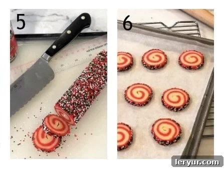 Merry Pinwheel Treats 5 Process shots showing how to slice and bake pinwheel cookies, numbered 5 and 6.