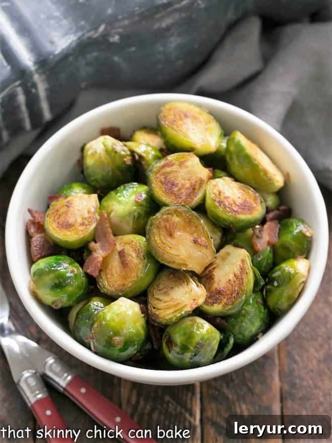 Crispy Bacon and Caramelized Brussels Sprouts 2 Overhead view of a bowl of sauteed brussels sprouts with bacon