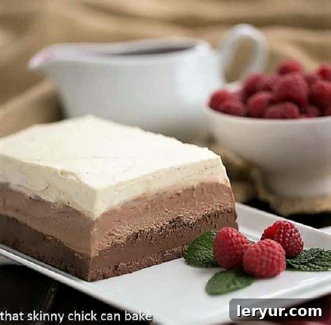 Triple Chocolate Terrine on a white platter with raspberries and mint