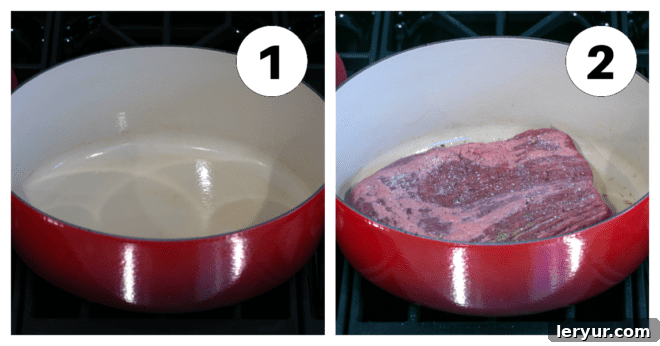 Close-up process shots showing the brisket being seasoned and then seared in a Dutch oven.