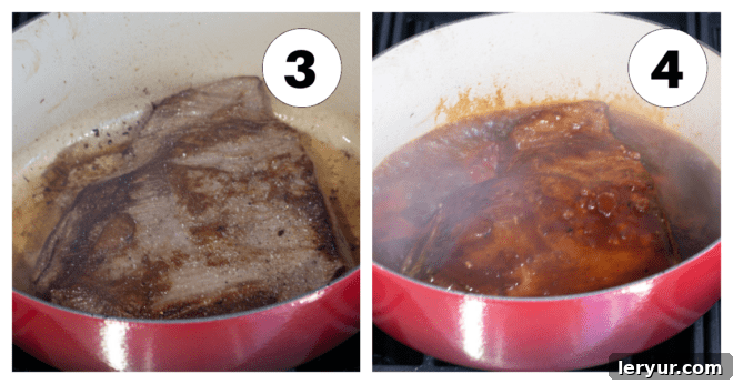 Process shots demonstrating the creation of the coffee glaze and its addition to the seared brisket.