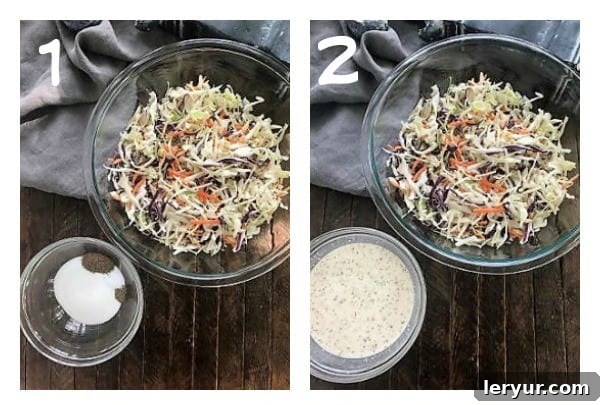 Coleslaw process shots numbered 1, 2, showing shredded vegetables and whisked dressing.