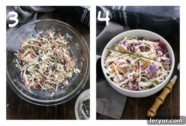 Coleslaw process shots numbered 3,4, illustrating mixing and chilling the salad.