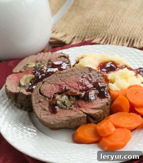 Gorgonzola Mushroom Stuffed Beef Tenderloin | That Skinny Chick Can Bake