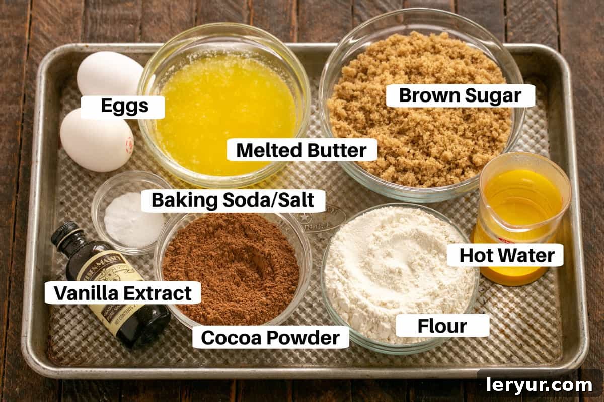 Arrangement of all ingredients needed for a delicious fudge cake, neatly laid out on a sheet pan with clear labels.