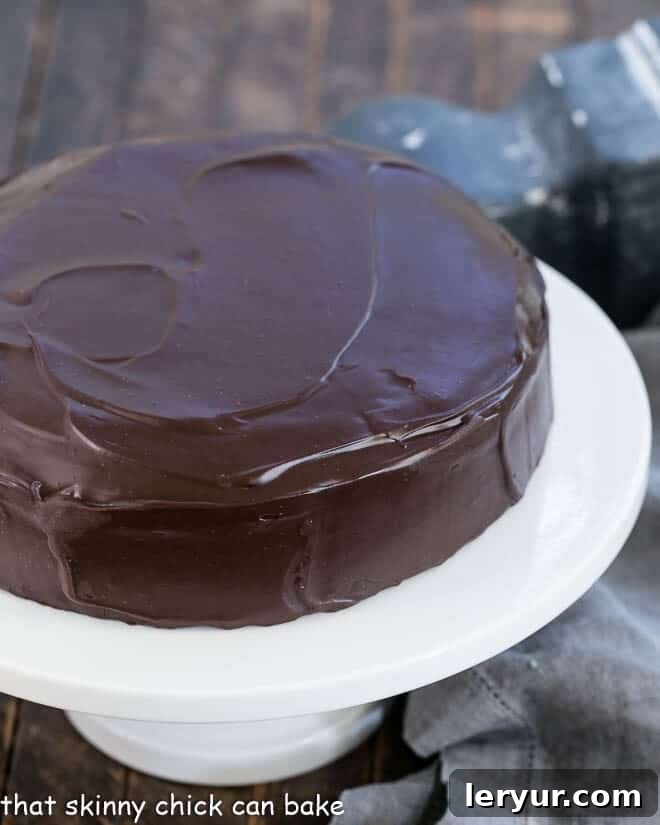 An elegant One Layer Fudge Cake, beautifully presented on a white ceramic cake stand, inviting you to take a slice.