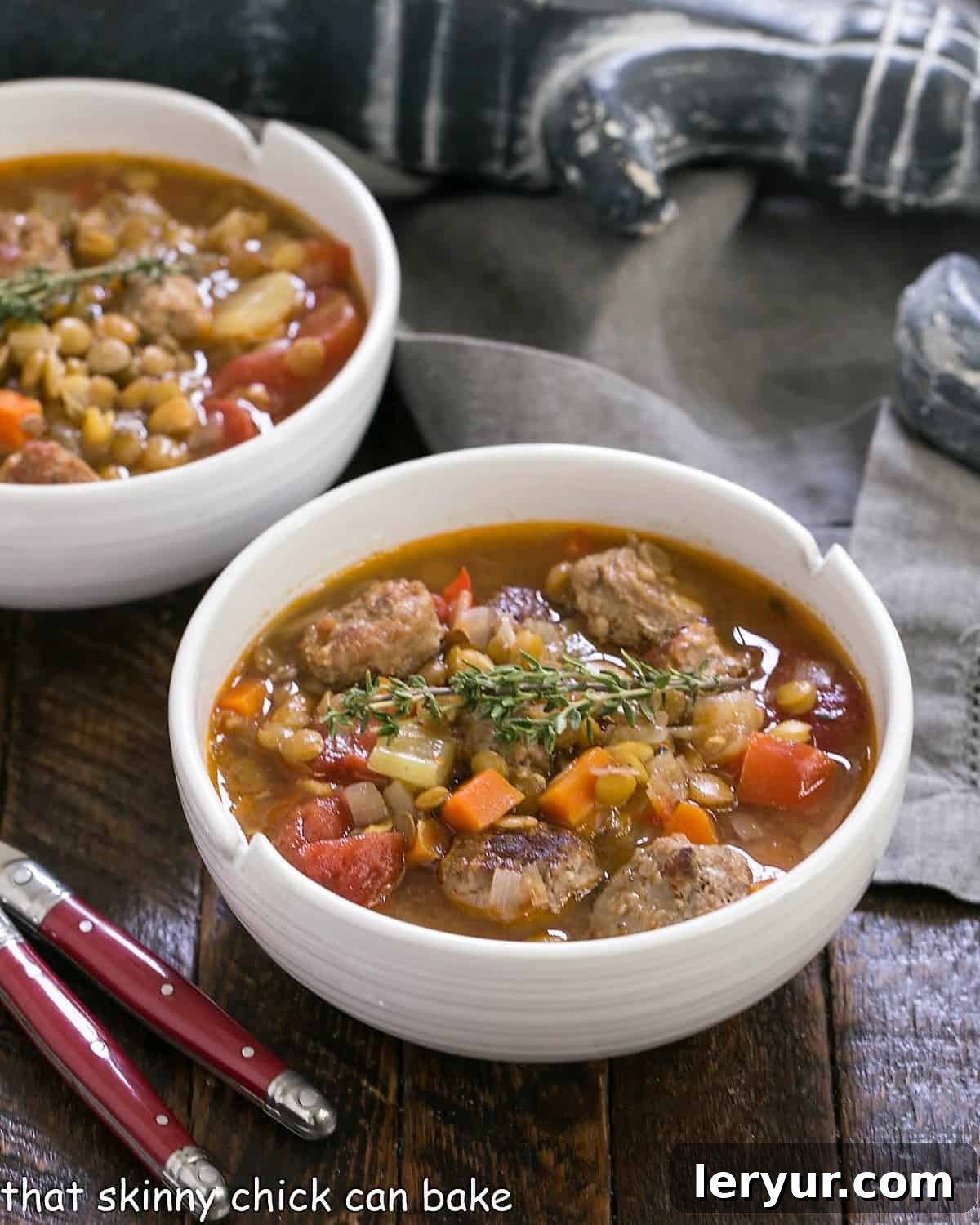 Lentil Soup Recipe : a hearty soup that will hit the spot on a chilly winter's night Two steaming bowls of savory lentil vegetable soup, garnished with fresh herbs and ready to be enjoyed as a comforting meal.