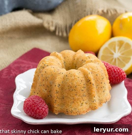 Meyer Lemon Poppy Seed Tea Cakes - citrus laden quick breads baked in festive mini Bundt pans! Meyer Lemon Poppy Seed Tea Cake on a white plate garnished with raspberries.