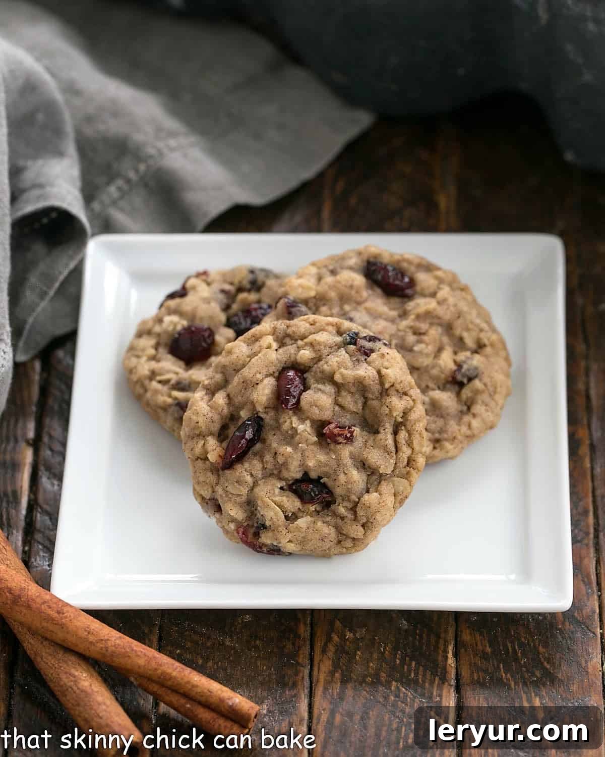 Oatmeal Craisin Cookies - incredibly delicious chewy oat cookies chock full of dried cranberries Three golden brown Oatmeal Craisin Cookies artfully arranged on a square white plate, accompanied by two aromatic cinnamon sticks. The cookies boast a slightly crisp edge and a tender, chewy center, speckled with rich red cranberries.