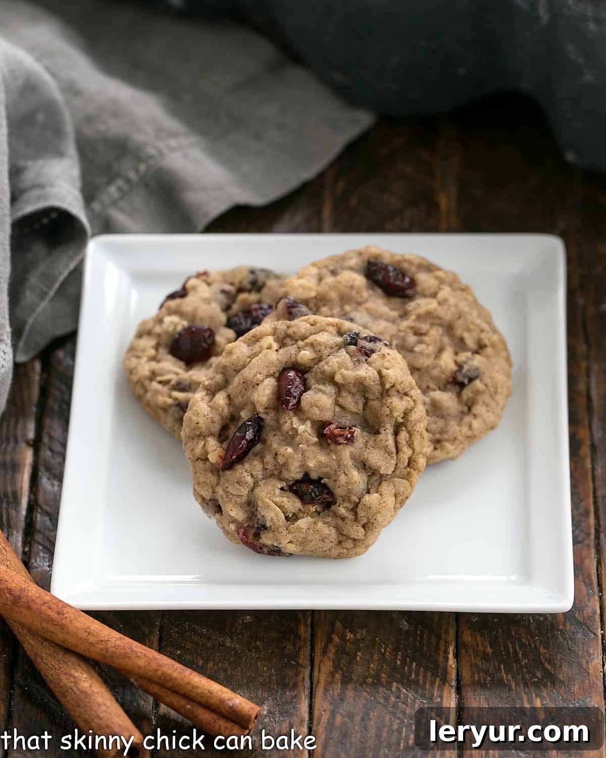 Oatmeal Craisin Cookies - incredibly delicious chewy oat cookies chock full of dried cranberries A closer view of three golden Oatmeal Craisin Cookies on a white plate, highlighting their perfectly baked texture and the vibrant red cranberries embedded within. The soft focus emphasizes their inviting warmth.