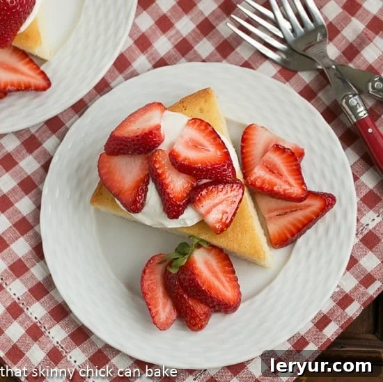 Visitandine: A superb French Sponge Cake for creating gourmet strawberry shortcakes Overhead view of a perfectly sliced French Visitandine cake on a pristine white plate, showcasing its delicate texture