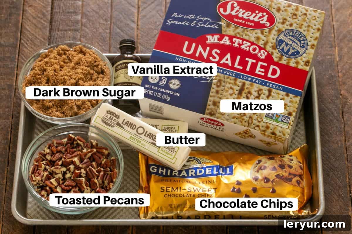 A collage of Matzo Crack ingredients including matzos, butter, brown sugar, chocolate chips, and pecans, each labeled.
