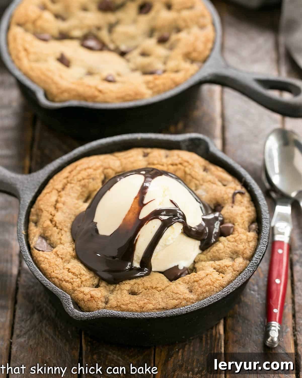 Pizookies - Big gooey pan cookies that are a cross between cookies and pan pizza! Big pizza cookies in cast iron skillets, one topped with ice cream and chocolate sauce.