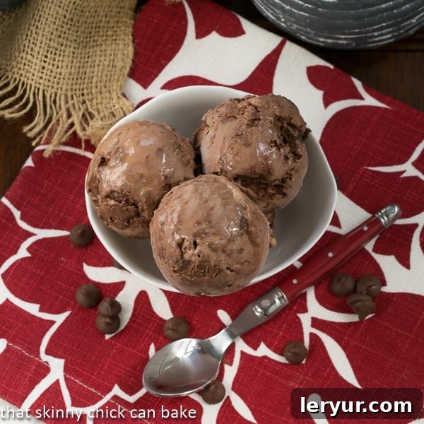 Chocolate Truffle Ice Cream - a triple dose of chocolate makes this ice cream perfect for die-hard chocoholics! Overhead perspective of delicious Chocolate Truffle Ice Cream, perfectly scooped in a white bowl, ready to be enjoyed as a gourmet dessert.