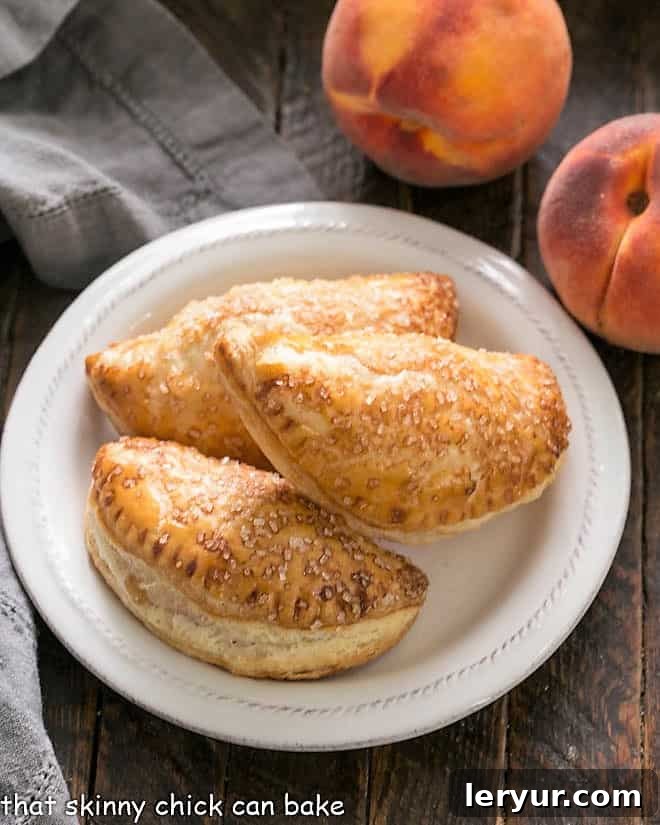 Overhead view of 3 peach turnovers on a white plate, showcasing their golden crust and perfect shape.