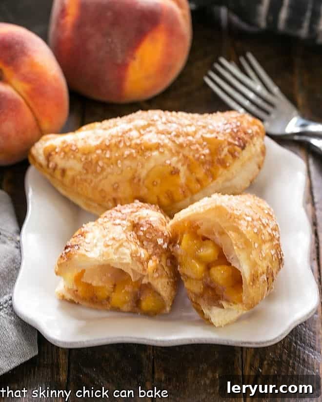 Chaussons aux Pêches with one broken in half showing the vibrant peach filling on a white ceramic plate.