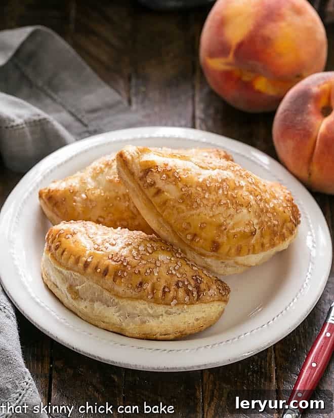 Peach Hand pies on a round white plate with a red handled fork, ready to be enjoyed.