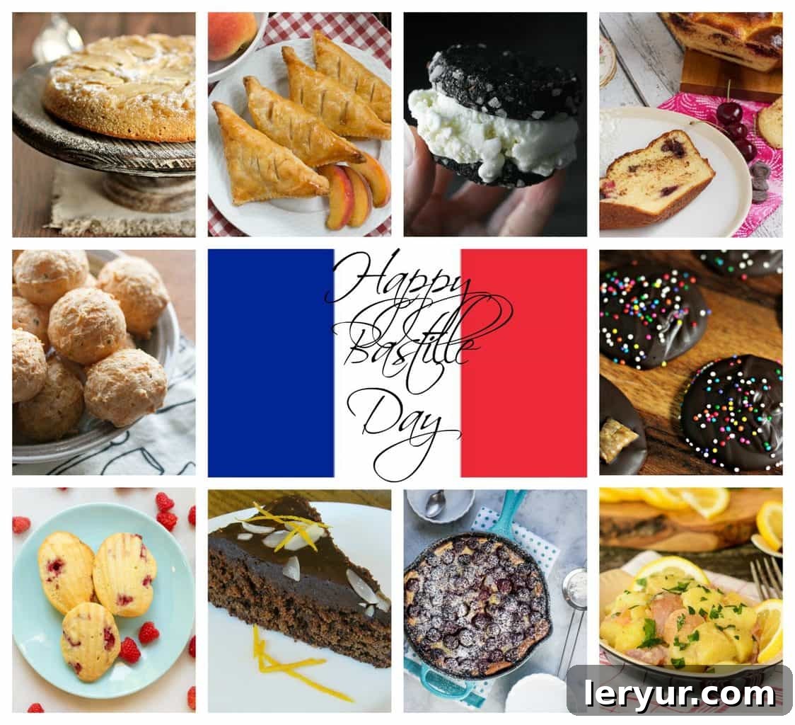 Bastille Day collage with 10 food photos and a title text box in the middle, showcasing various French dishes.