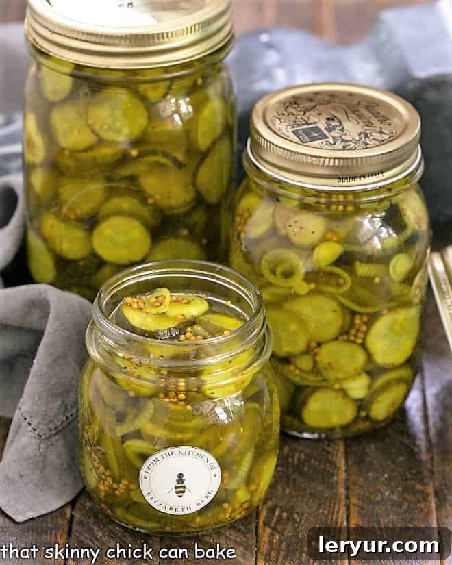 Three jars of Easy Bread and Butter Pickles Recipe, showcasing their golden hue and inviting presentation.